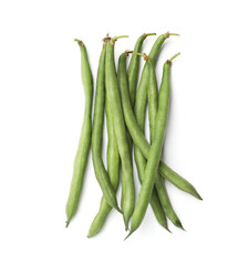 Fresh pea pods isolated on white, top view