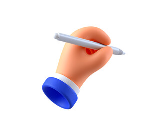 Vibrant 3D cartoon hand in a blue shirt cuff holding a white digital stylus pen.