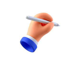 Vibrant 3D cartoon hand in a blue shirt cuff holding a white digital stylus pen.