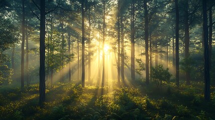 Naklejka premium A tranquil forest at dawn, soft mist rising from the ground, sunlight filtering through tall trees.