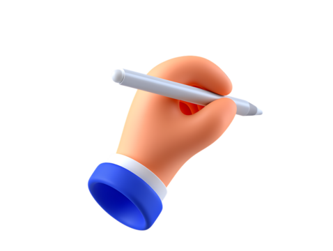 Vibrant 3D cartoon hand in a blue shirt cuff holding a white digital stylus pen.
