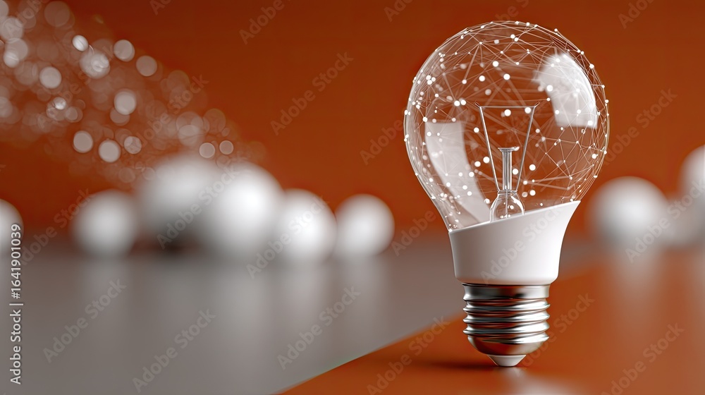 Poster glowing light bulb crafted from dots and lines represents endless creativity and innovation in techn