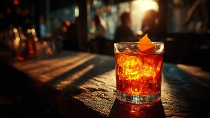 Glass of negroni cocktail with ice and orange peel garnish on rustic wooden bar counter, warm sunlight, cozy bar atmosphere, evening drink - Powered by Adobe