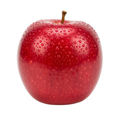 Ultra realistic red apple with tiny water droplets, isolated on white background, high detail, studio lighting