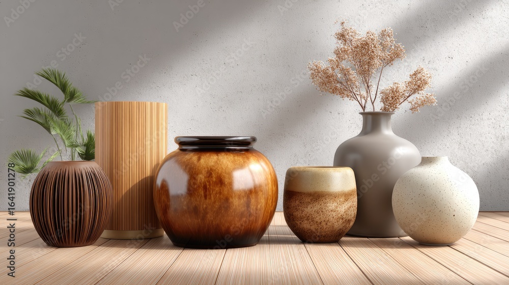 Poster minimalist display of several white vases arranged artistically on a smooth beige surface, illuminat
