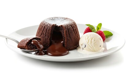 Gourmet chocolate lava cake with molten center, vanilla ice cream, and fresh berries