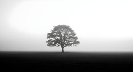Obraz premium A solitary tree stands in a misty field during a foggy morning, a minimalist black and white landscape.