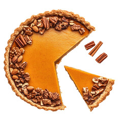Delicious pecan pumpkin pie slice isolated on transparent background