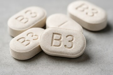 Dietary supplements highlighted with niacin B3 tablets on a neutral surface showcasing their health benefits and importance in nutrition