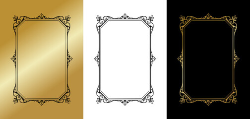 Stylish frame, isolated vector image, three design options on gold, transparent, and black backgrounds

