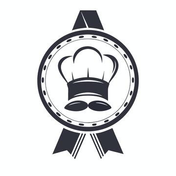 Monochrome chef hat inside round badge with ribbons creates a timeless emblem