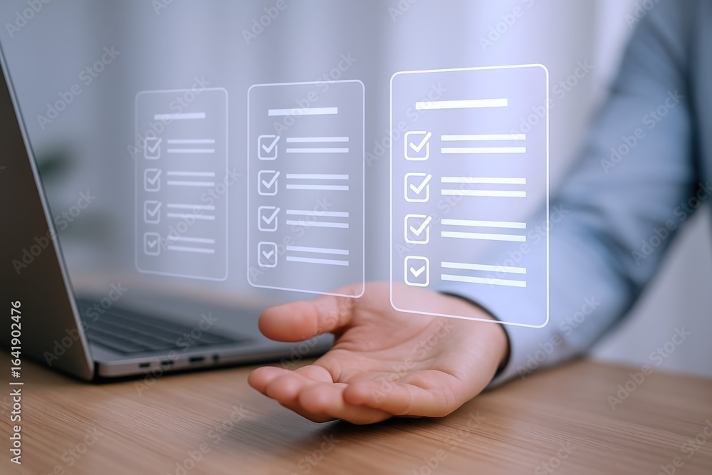 Poster digital checklist on hand: man using laptop for online survey and form completion