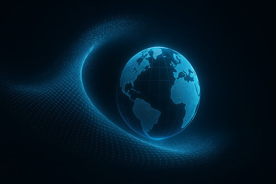 Futuristic glowing digital Earth globe, technology planet wireframe, holographic world map, network mesh sphere, data visualization, cyber space concept, AI global grid, virtual communication, blue te