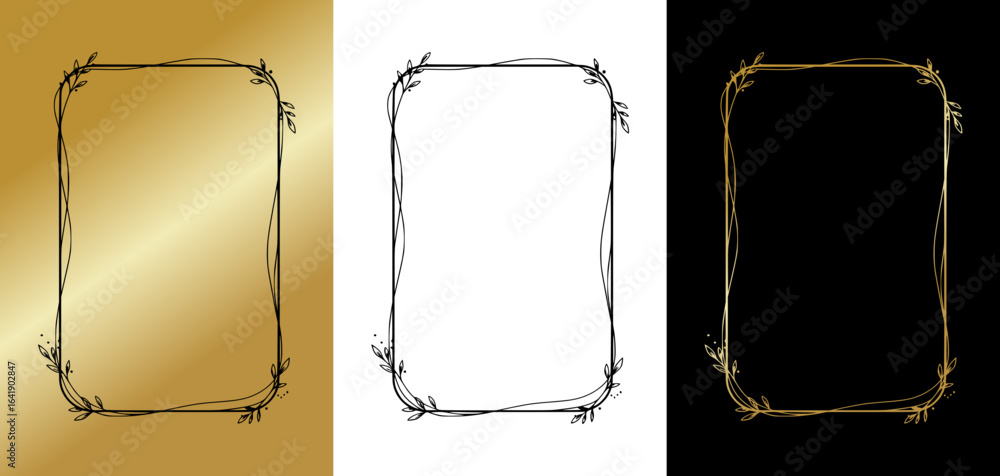 Aufkleber frame made of lines and branches with leaves, isolated vector image, three design options on gold, t