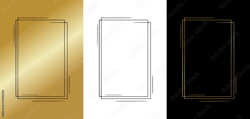 Poster minimalist frame in a drawn line style, isolated vector image, three design options on gold, transpa