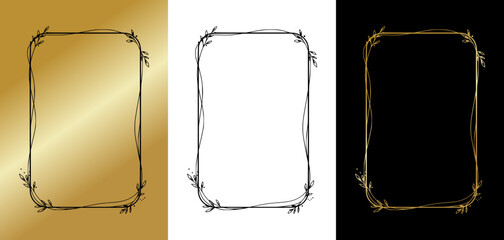 Frame made of lines and branches with leaves, isolated vector image, three design options on gold, transparent, and black backgrounds
