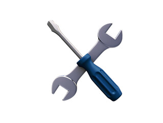 Crossed Metallic 3D Wrench and Screwdriver Tools on a Dark Background