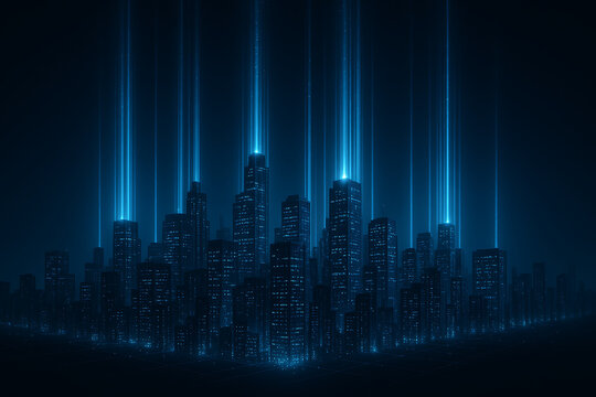 Futuristic glowing digital city skyline, vertical light beams over modern skyscrapers, cyber urban architecture, neon high tech cityscape, sci-fi smart city grid background, innovation infrastructure  - Powered by Adobe