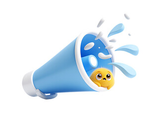 Quirky Blue 3D Megaphone with Water Splashes and a Cute Fuzzy Yellow Creature Peeking Out