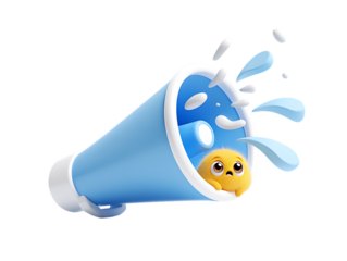 Quirky Blue 3D Megaphone with Water Splashes and a Cute Fuzzy Yellow Creature Peeking Out