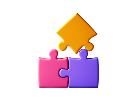 Three Vibrant Interlocking 3D Puzzle Pieces in Pink, Purple, and Orange Representing Teamwork and Solutions