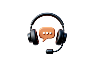 Black modern headphones with microphone encompassing an orange chat bubble for customer support and communication