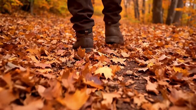 Footsteps on Crunchy Fall Leaves in a Colorful Autumn Forest
