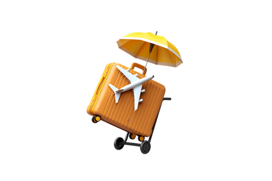 Vibrant orange travel suitcase with a small white airplane and open yellow umbrella symbolizing journey protection
