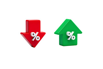 Contrasting Red Down and Green Up 3D Arrows with Percentage Symbols Representing Financial Gains or Losses