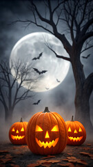 Spooky halloween night with glowing jack o lanterns and bats flying across a giant full moon in a dark forest