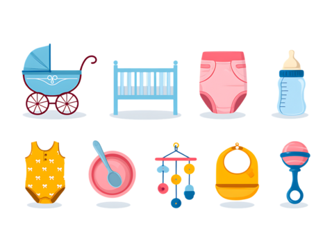 Adorable Pastel Baby Essentials Collection: Stroller, Crib, Diaper, Bottle, Bodysuit, Bowl, Mobile, Bib, Rattle