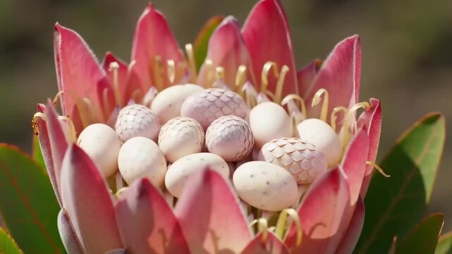 Pink protea flower with eggs