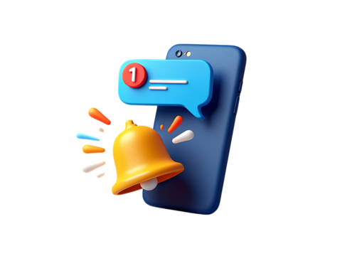 Modern 3D Smartphone with Ringing Notification Bell and Message Bubble Displaying a New Alert