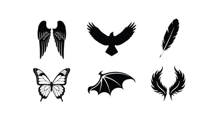 Obraz premium Wing and Insect Silhouette Collection � Butterfly, Eagle, Feather, Bat Icons