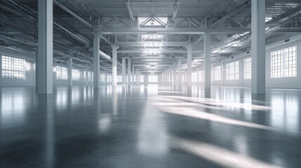 Spacious Industrial Interior with Concrete Floors, High Ceilings, and Natural Light - Ideal for Commercial or Creative Projects