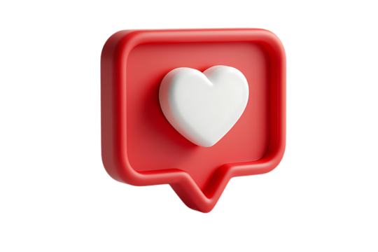 Glossy Red Speech Bubble Social Media Like Icon Featuring a Prominent White Heart