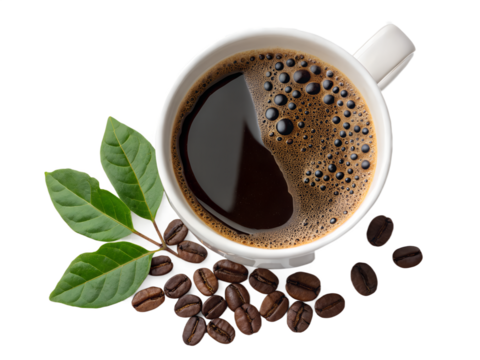 Cup of black coffee with beans and leaves