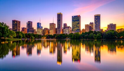 Naklejka premium City skyline sunset reflection