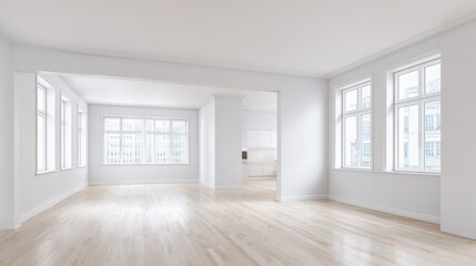 Fototapeta premium Bright, Airy, Empty Room with Wood Floors and Large Windows, Perfect for Interior Design Mockups