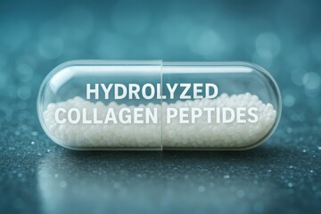 Hydrolyzed collagen peptides in a clear capsule on a sparkly surface highlighting health benefits and dietary supplements