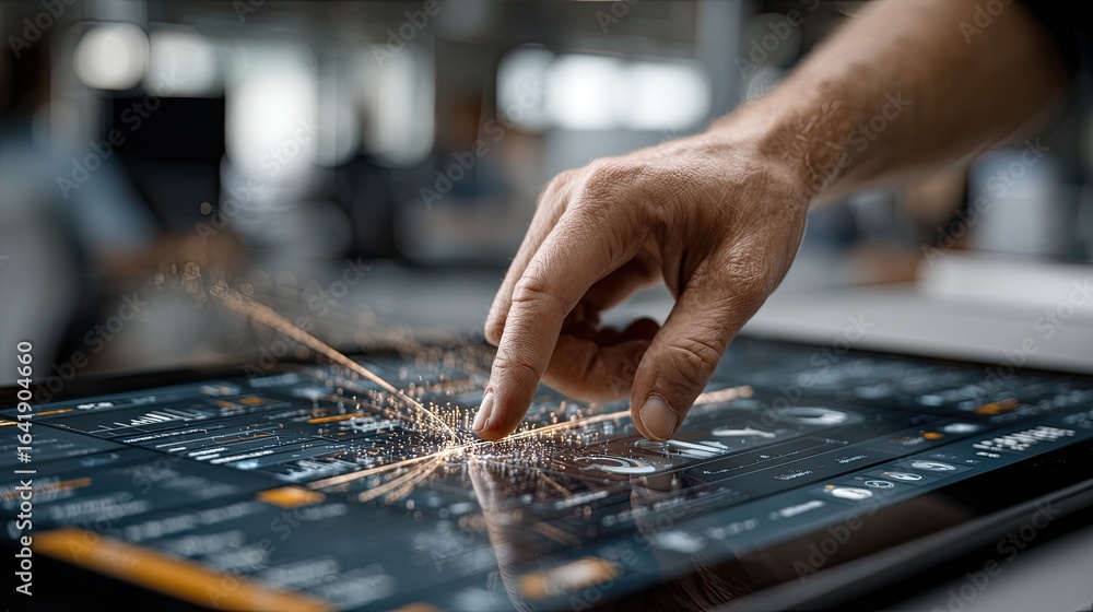 Poster a finger engages with an interactive surface, triggering dynamic light beams and data flows against 