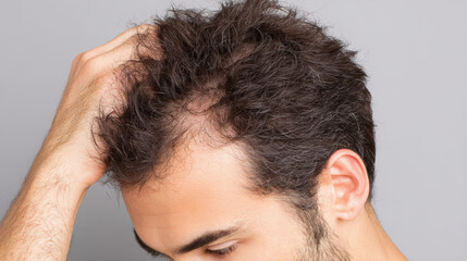 Fototapeta premium Man experiencing hair loss touches his scalp, showing signs of thinning hair. image captures moment of concern and reflection