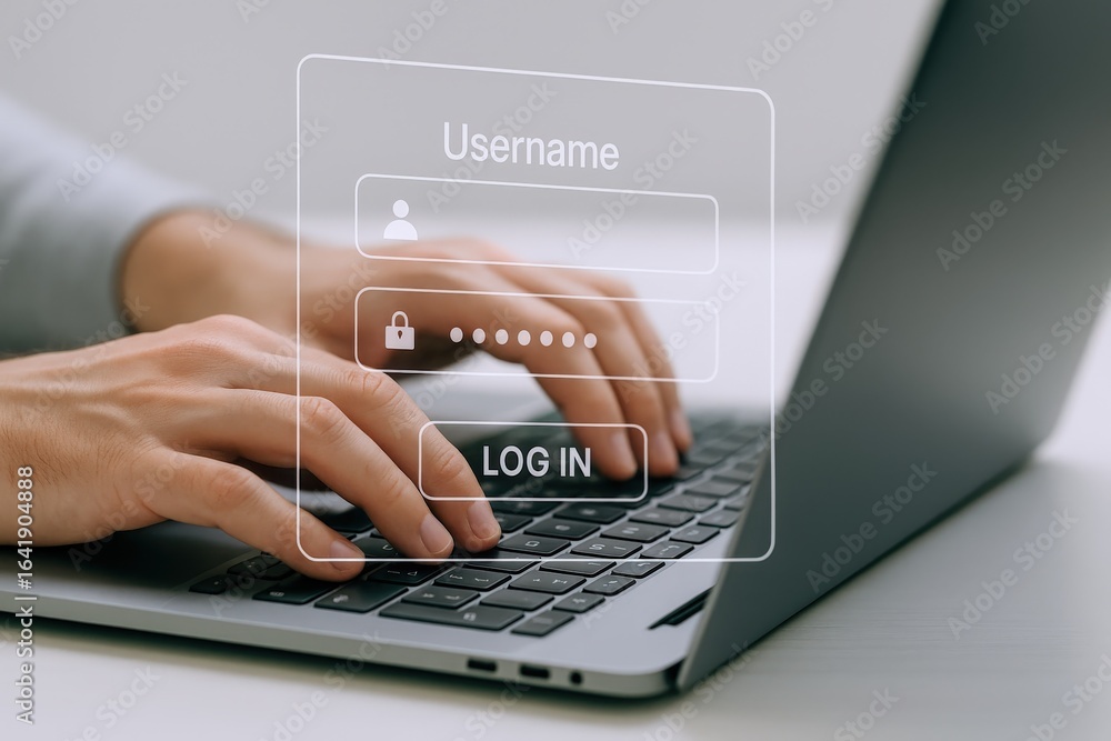 Poster login interface on laptop screen with user typing password for secure access