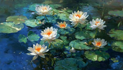 Water lilies float on water, with lily pads and reflections in a blue pond scene