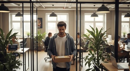 Man Carrying Cardboard Box in Modern Office, Diverse Team Working in Background