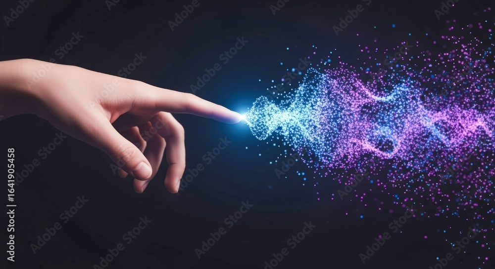Poster digital connection concept: human hand interacting with abstract data stream, emphasizing connectivi
