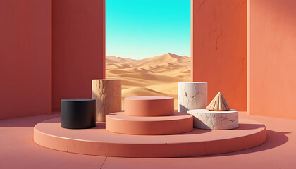 A clean white ceramic cup and red saucer sit on a table in the desert