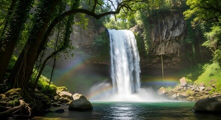 Naklejka premium Majestic Waterfall with Rainbow in Lush Forest