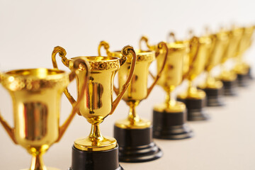 group of trophies in a row