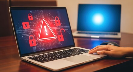 Cybersecurity Breach Alert on Laptop Screen Displaying Red Warning Sign and Padlocks, Data Security Concept